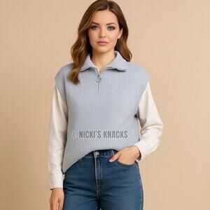 Pink Rose Light Blue Quarter Zip Sweater Vest Ribbed Collar Knit Top Size M